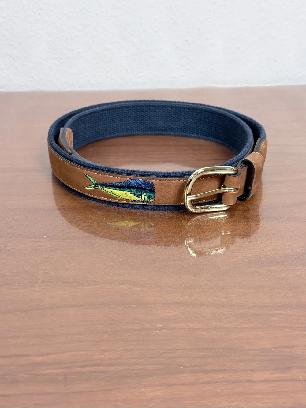 World Wide Sportsman Navy & Brown Leather Embroidered Fish Belt 40